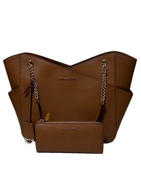 Michael Kors Jet Set Travel Chain Tote & Wallet Luggage Brown Saffiano Leather